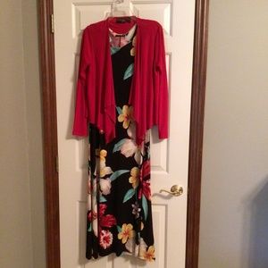 New. Tropical black floral maxi dress with red jacket, Size petite medium